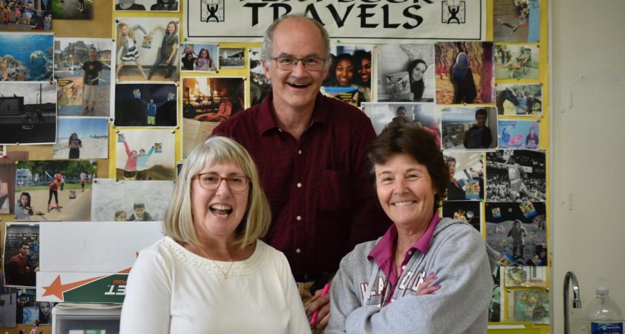 Amy Clark, math teacher, Andy Carey, social studies teacher and LIsa Bromley, physical education teacher, smile for a photo. The three teachers will be retiring this year and will be missed by many.