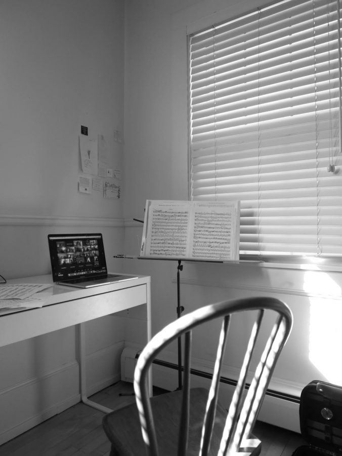 A student's laptop sits open for orchestra class. Virtual music classes have been especially challenging.