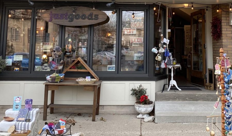 Storefront of Just Goods, a shop that sells locally sourced trinkets and art.