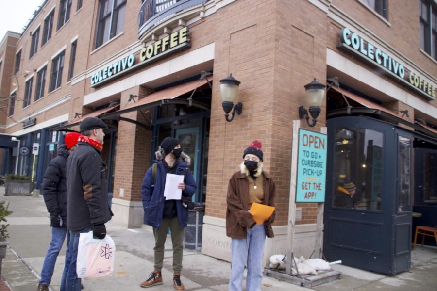 Members of the Milwaukee DSA and Shorewood YDSA gather in front of the Colectivo Shorewood café on Jan. 15 to call for the withdrawal of Colectivos objections to the 2021 union election.